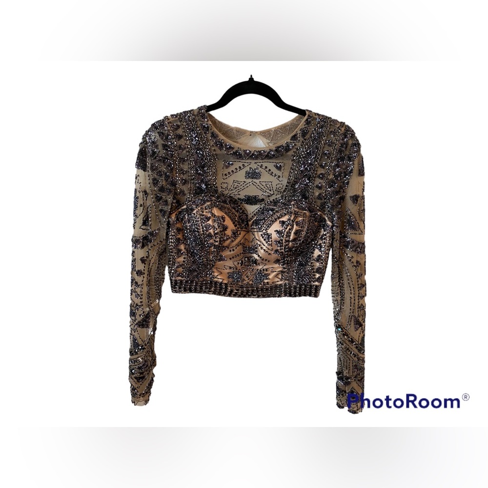 Sherri Hill Black/Blue/Grey/Silver/Nude Beaded Long Sleeve Mesh Crop Top - Sz 6